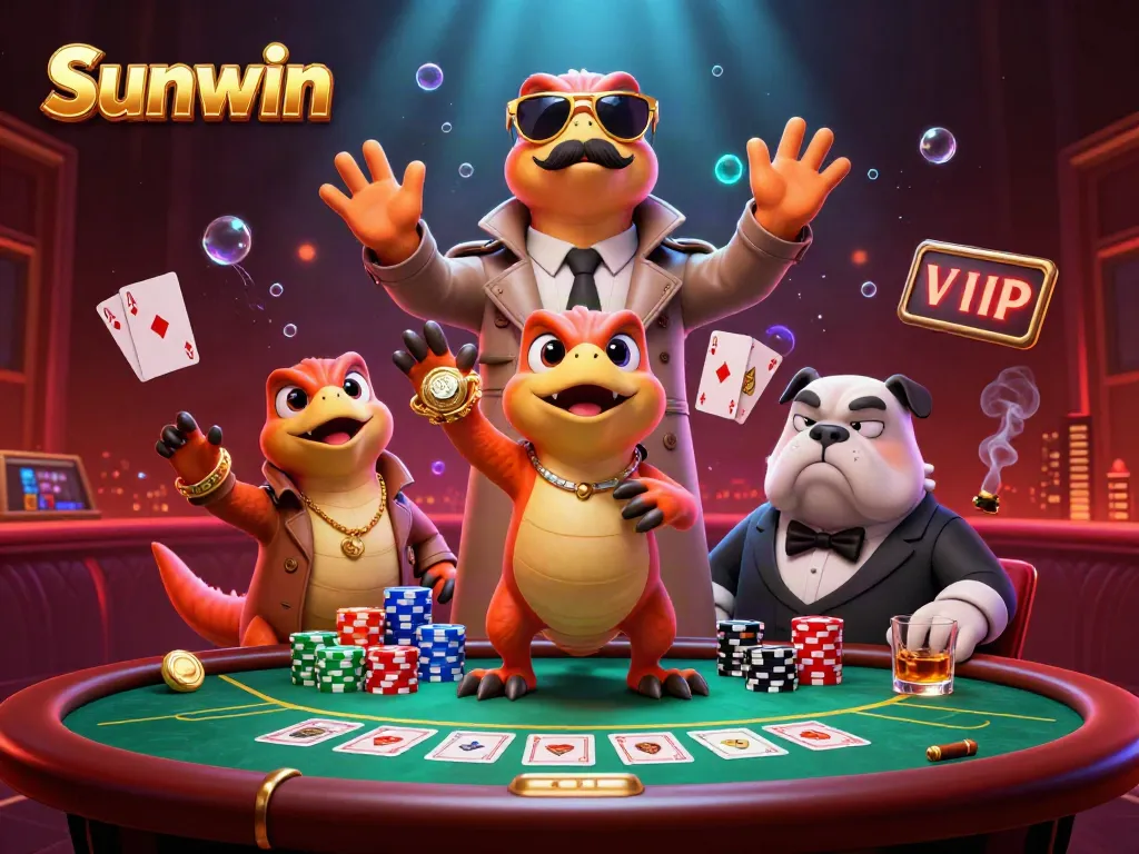Sunwin raptors hilariously entering VIP casino lounge, showcasing poker elements and playful scene.