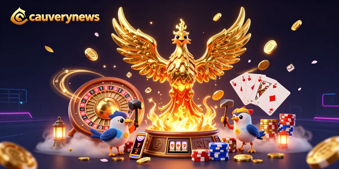 Cauverynews showcases players winning big with golden coins and vibrant casino elements in a captivating illustration