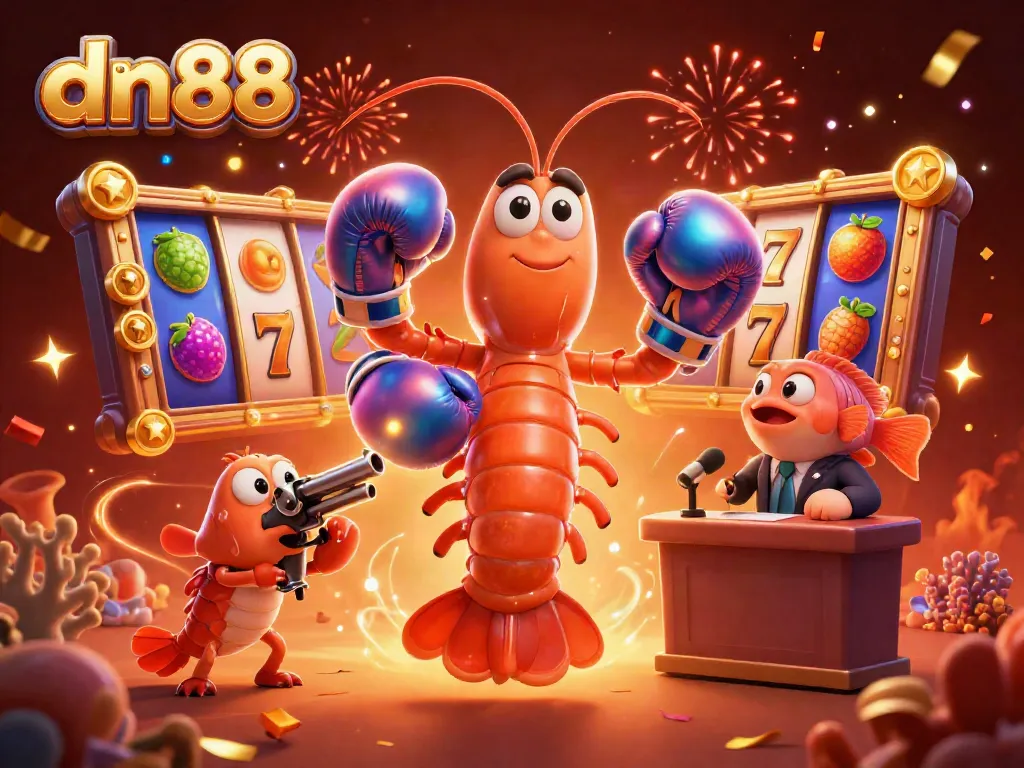 Experience thrilling gameplay at dn88 with dynamic characters amid slot reels and festive confetti.