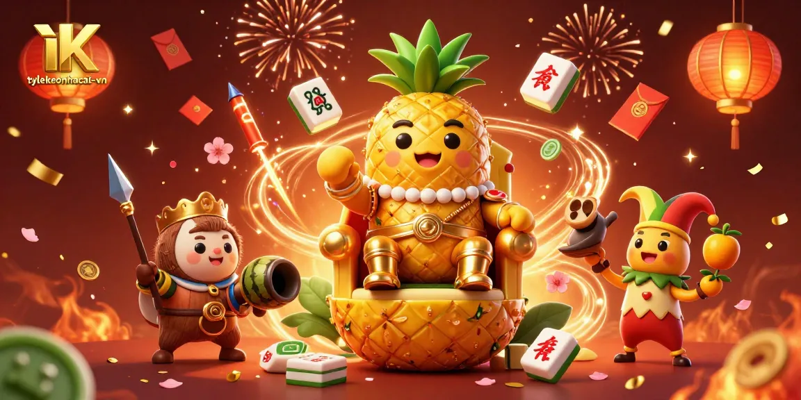 Engage with tylekeonhacai-vn's vibrant casino scene featuring a pineapple king and festive characters amidst dynamic visuals.