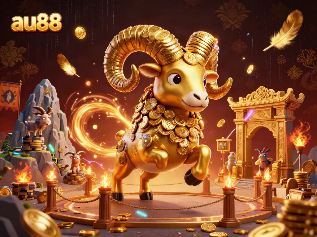 Experience the thrilling action of au88 with a vibrant 3D illustration showcasing golden ram charging at the casino gates.