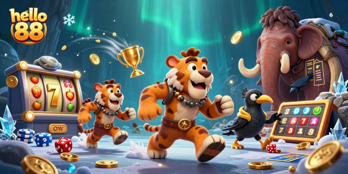 Hello 88 ignites excitement with a lively prehistoric casino scene featuring a caveman duo and their clever crow companion.