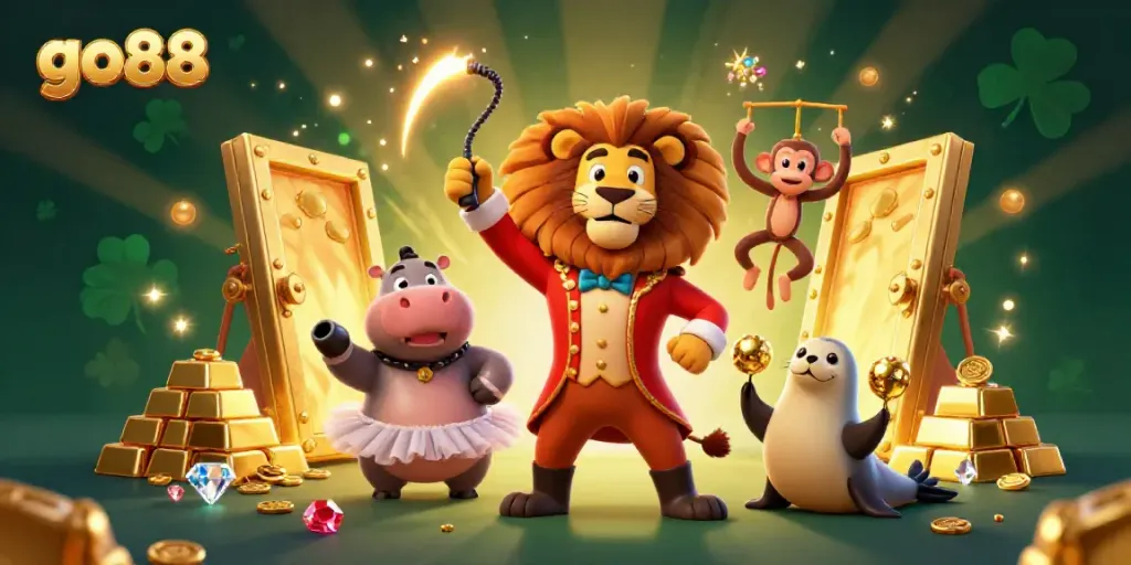 Join the excitement at go88 with a dynamic 3D casino illustration featuring incredible characters and golden treasures.