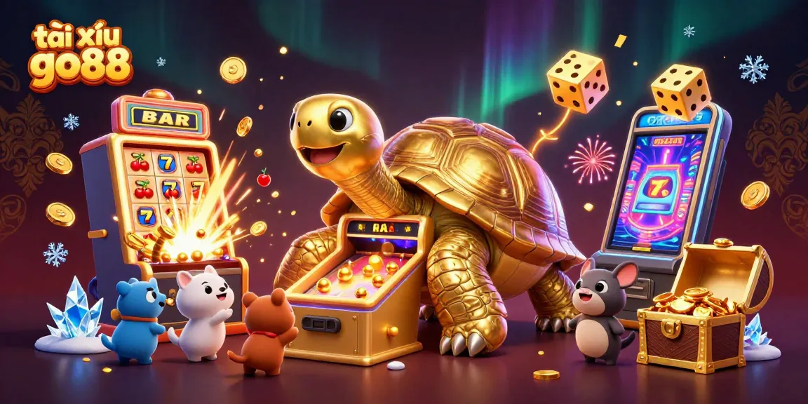 Engage in the fun of tài xỉu go88 with vibrant casino scene featuring golden tortoise pinball machine.