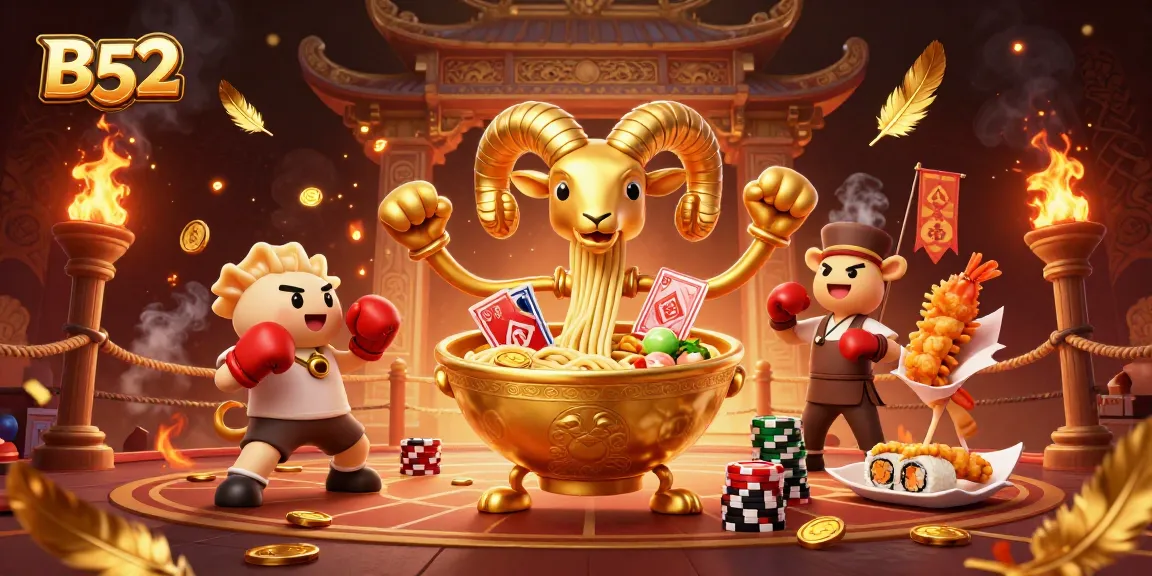 Engage in B52's vibrant casino world with animated ramen bowl characters and dynamic game elements.
