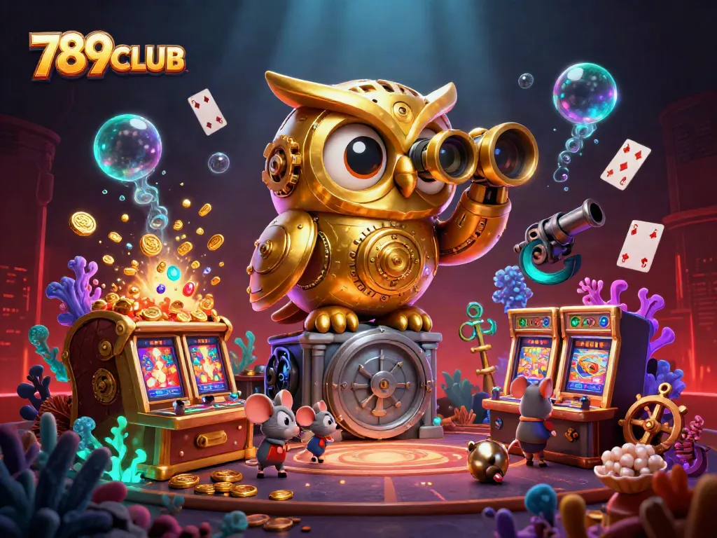 Experience thrilling gameplay at 789CLUB with our vibrant casino-themed illustration featuring a magnificent golden owl and lively characters.