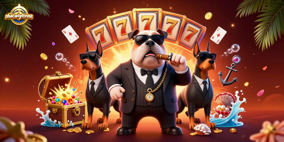 nhacaiuytinne showcases an engaging online casino scene featuring a mafia bulldog amidst dynamic gaming elements and vibrant visuals.