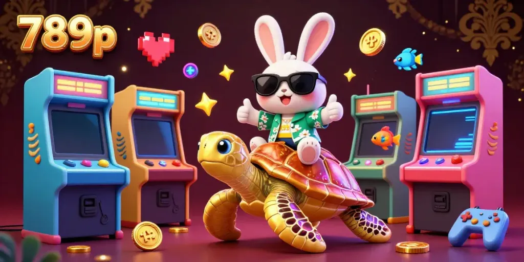 Experience the excitement at 789p with this vibrant 3D casino illustration featuring a lucky rabbit and golden turtle amidst arcade games.