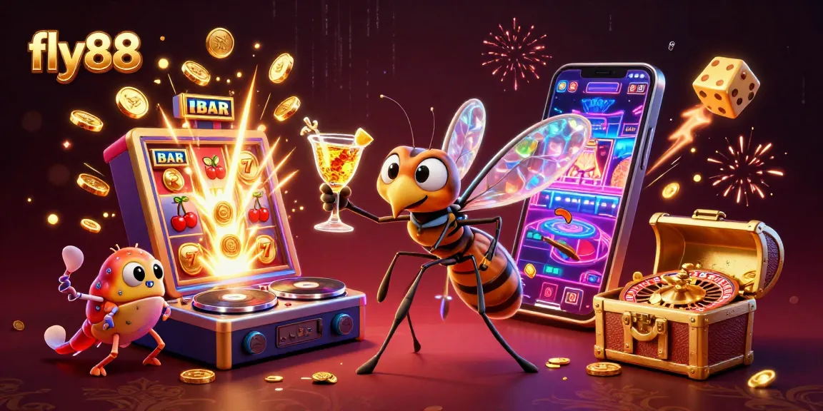 Experience thrilling gameplay at fly88 with dynamic visuals of a casino mascot and entertainment elements.