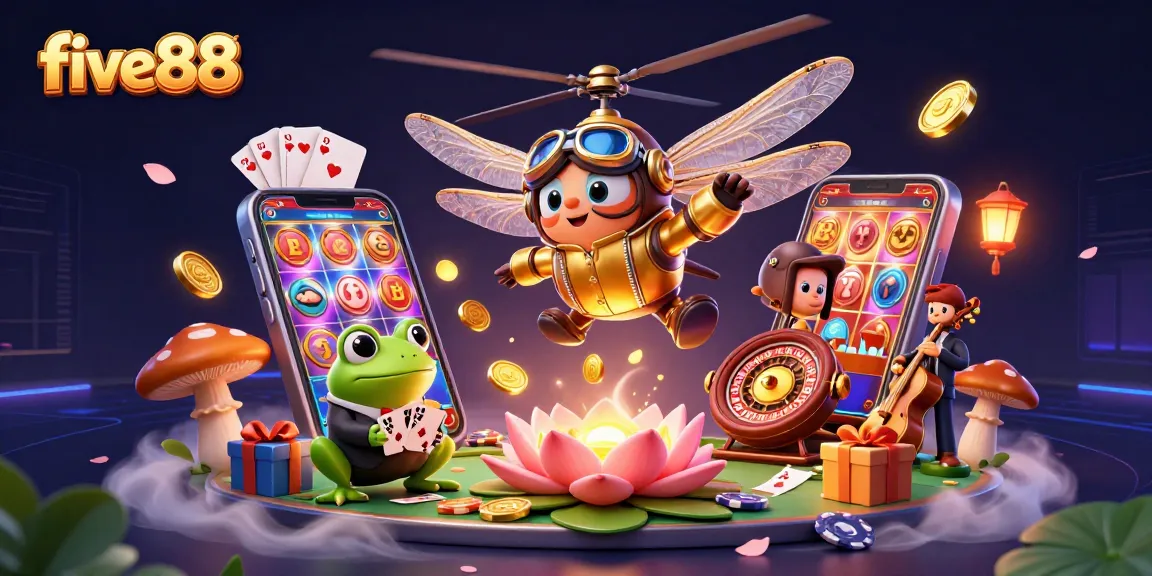 five88 players winning at a vibrant lily pad casino with magical characters and action-packed game elements
