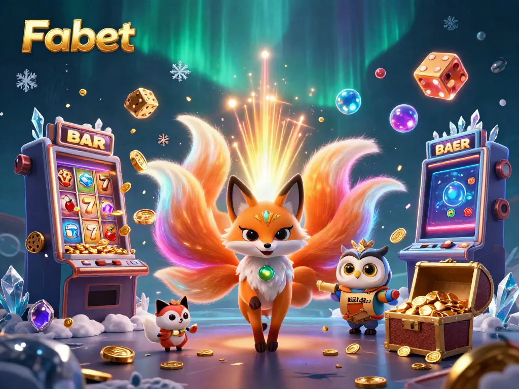 Fabet showcases an exciting jackpot scene with a glowing nine-tailed fox spirit and wise owl surrounded by colorful casino elements.