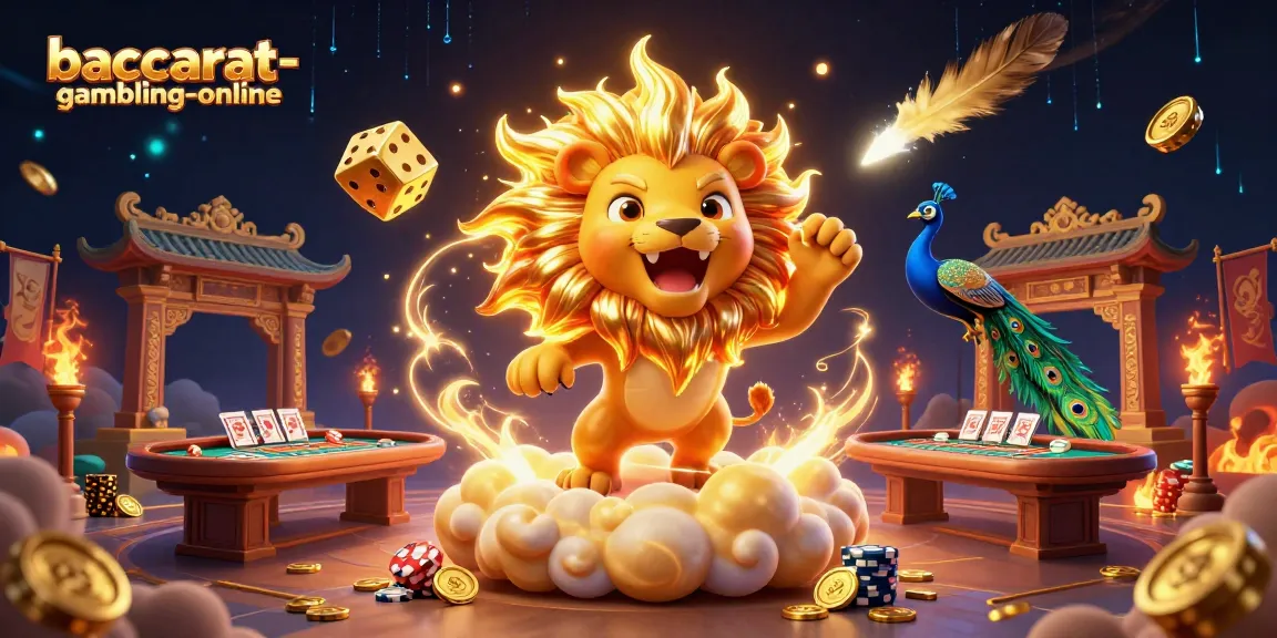 Baccarat-gambling-online illustrates a 3D cartoon depiction of a triumphant lion and dynamic gaming elements.