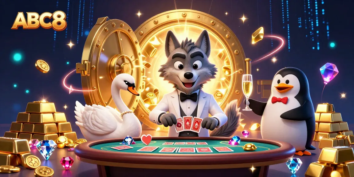 Experience the excitement of ABC8 with a vibrant, dynamic casino scene featuring engaging characters and elements of gambling.