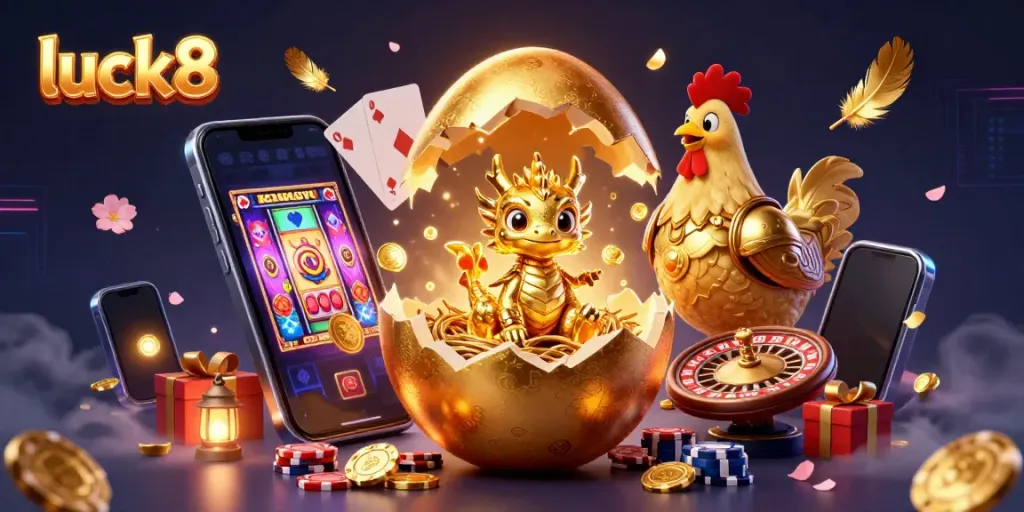 Play luck8 and witness a golden dragon emerging from chips amidst thrilling casino elements