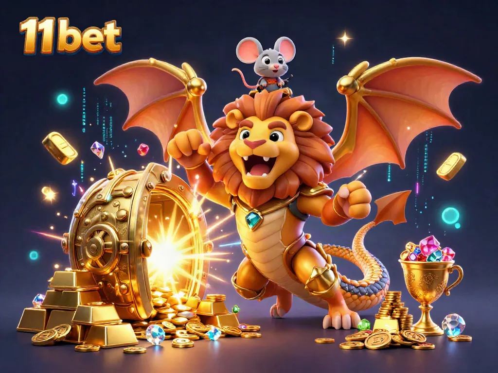 Experience thrilling adventures with 11 bet featuring a triumphant chimera amidst gleaming treasure.