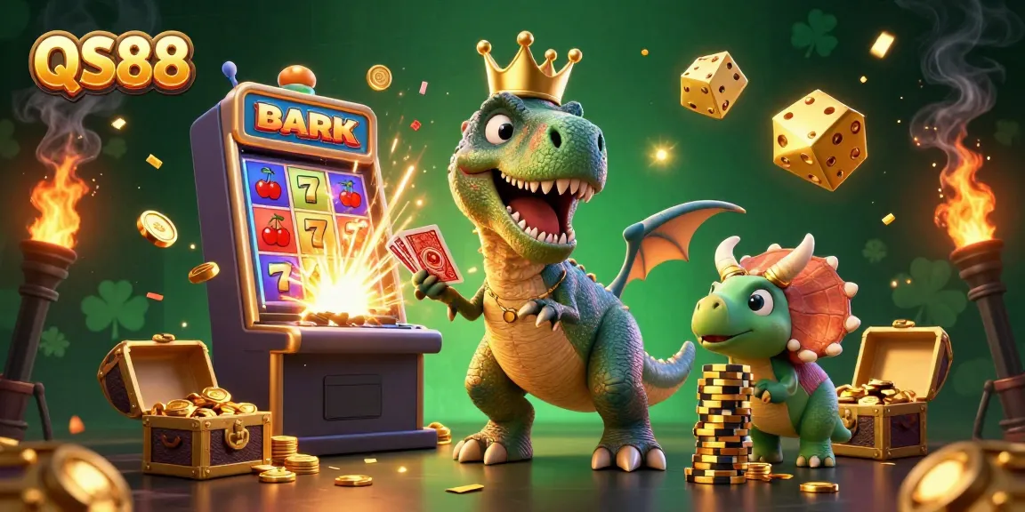 QS88 features fun characters enjoying a jackpot explosion at a colorful digital casino.