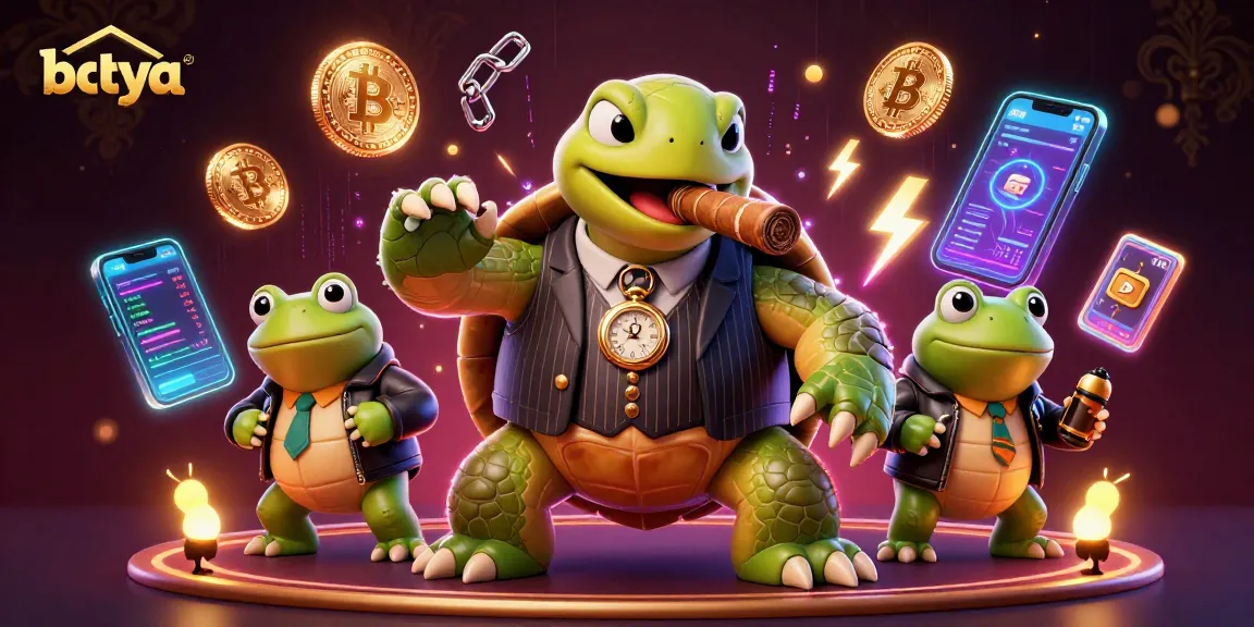 Engage with betya's vibrant casino scene featuring a turtle mobster and bullfrog enforcers in a rich, dynamic illustration.