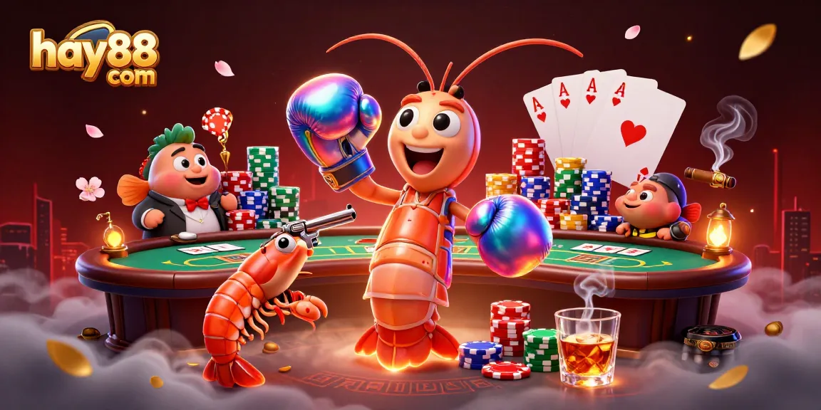 Play exciting poker with hay88 com featuring vibrant 3D casino characters in a detailed, dynamic scene.