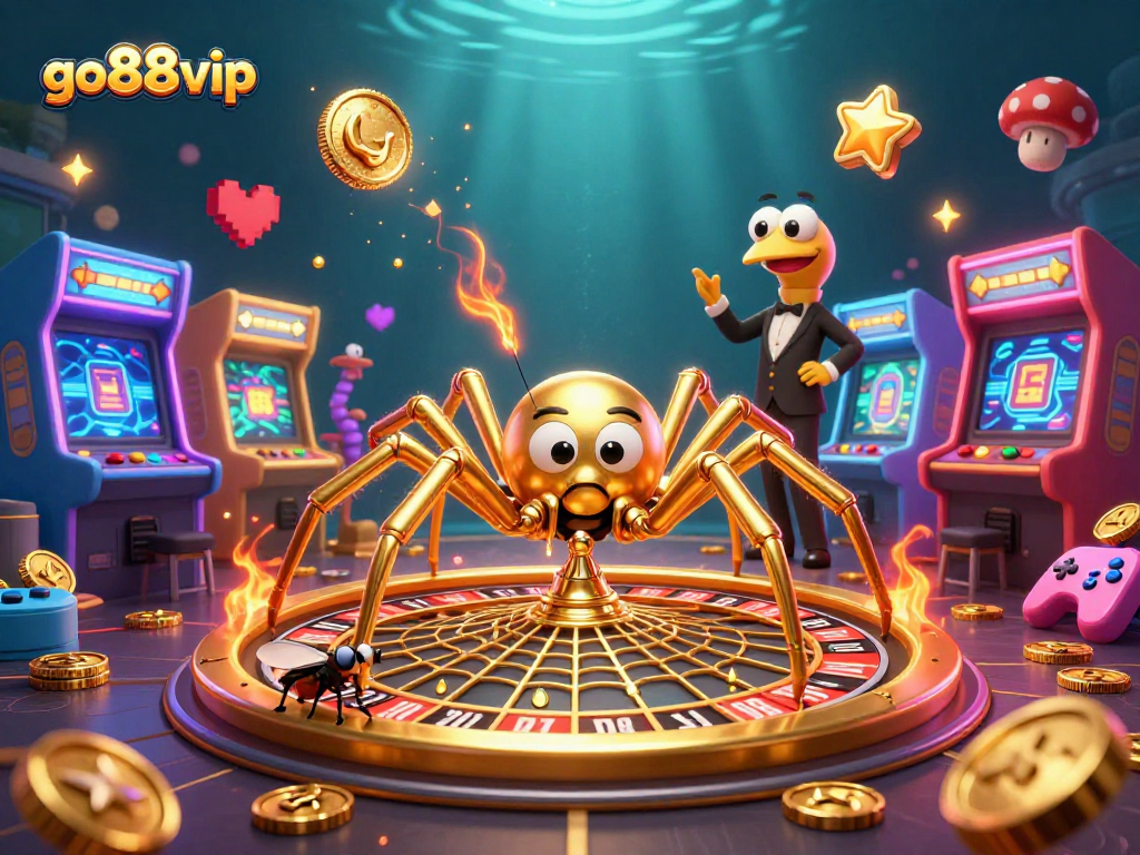 Bet on excitement with go88vip in a vibrant, engaging casino scene featuring a spider and a croupier.