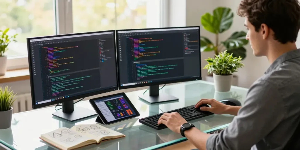 Programmer working on instant indexing solutions at a modern tech workspace.