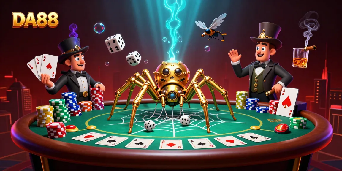 Engage with DA88, where a steampunk spider traps dice in its web amidst vibrant poker elements.