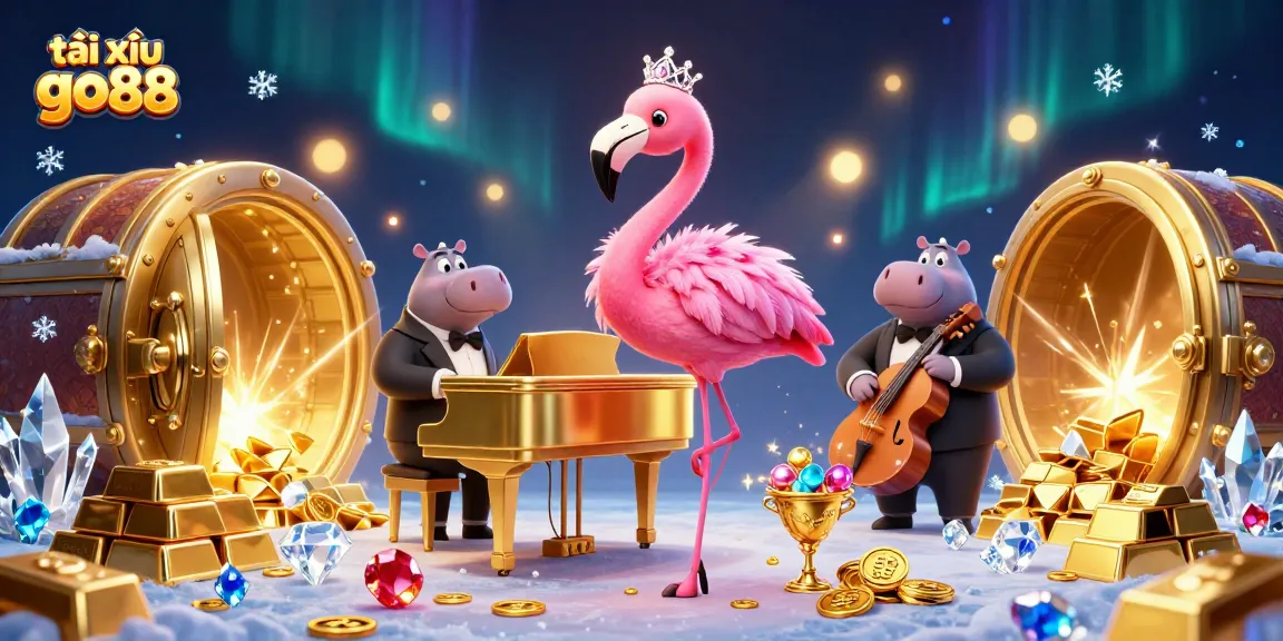 Engage with tài xỉu go88 through a vibrant 3D casino illustration featuring lively characters and luxury gaming elements.