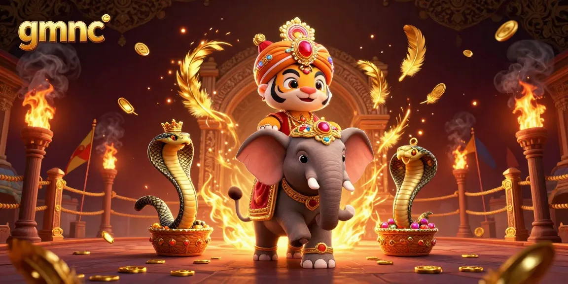 Engage in the thrilling action at gmnc with a vibrant 3D illustration of an Indian maharaja tiger, elephant, and cobra.