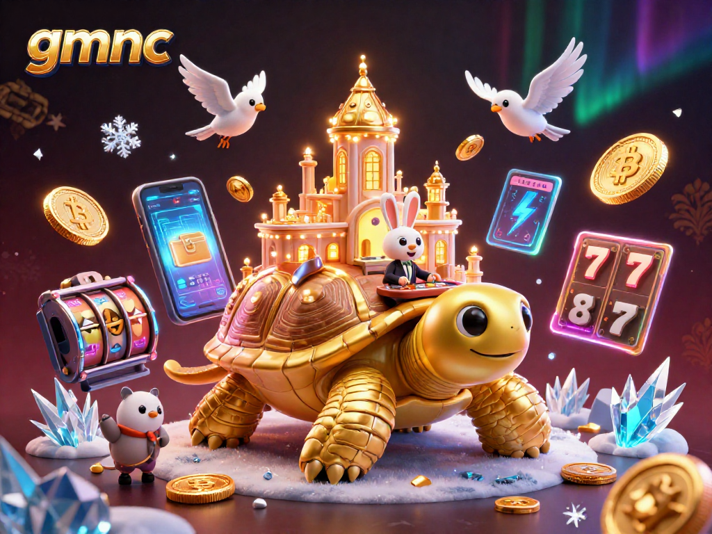 Engage with the exciting world of gmnc through a vibrant casino scene featuring a tortoise carrying a miniature casino.