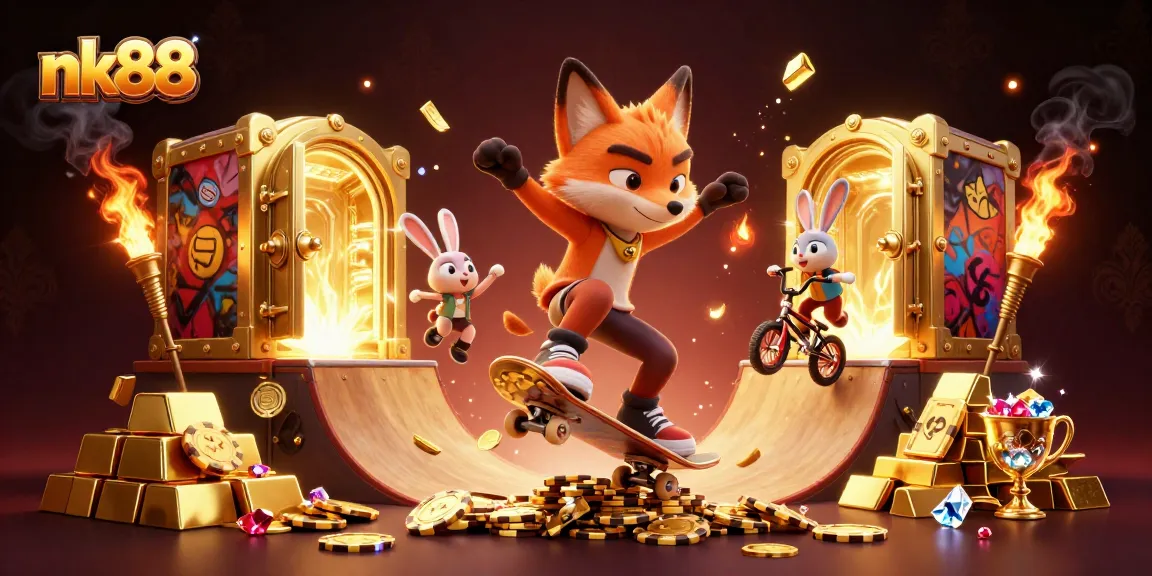 Experience thrilling gaming action with nk88 as a 3D skateboarder fox and BMX rabbit celebrate big wins in a vibrant casino.