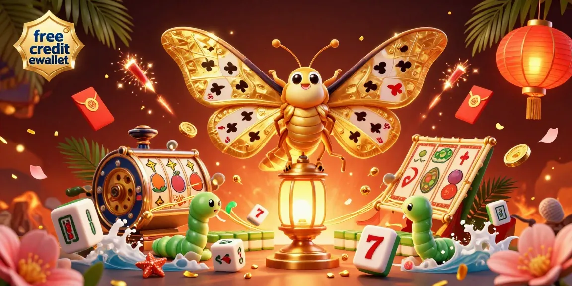 Engage with free credit ewallet in this vibrant 3D casino scene featuring an atlas moth and dynamic gaming elements.