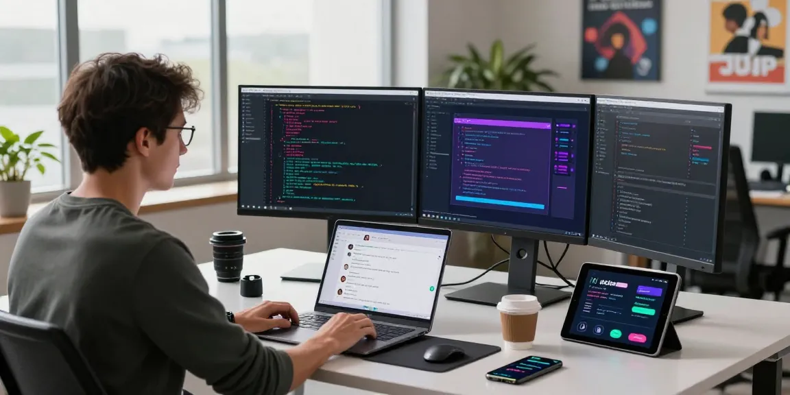Developer engaging with an AI chatbot interface in a modern tech workspace, showcasing collaborative coding experience.