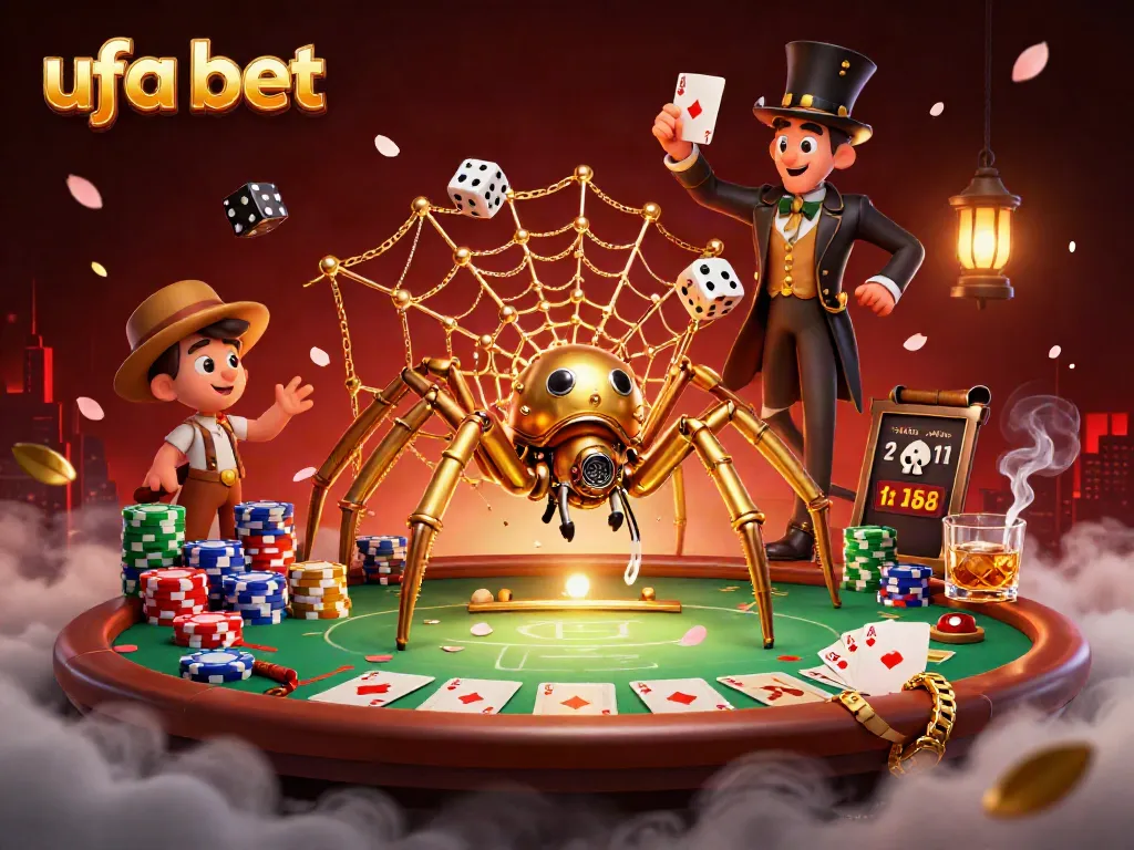 Engaging ufa bet scene with a steampunk spider and poker elements in a vibrant casino setting.
