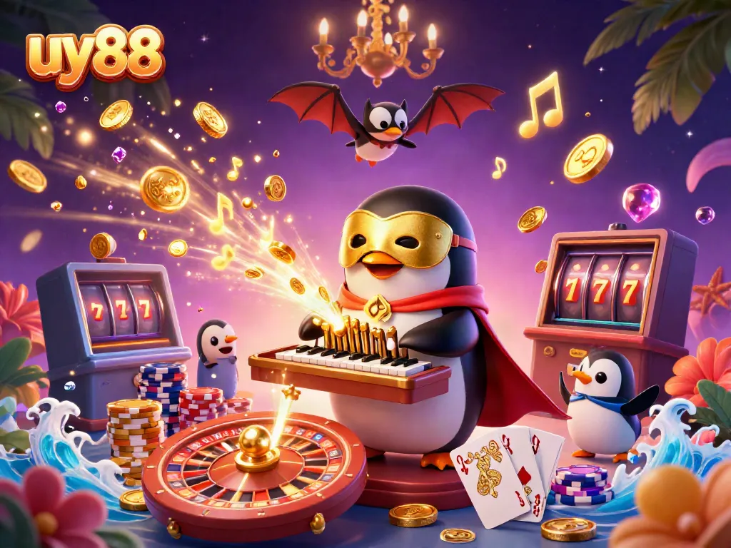 Experience the thrill of uy88 casino with a vibrant scene of a penguin playing music, golden coins, and game icons
