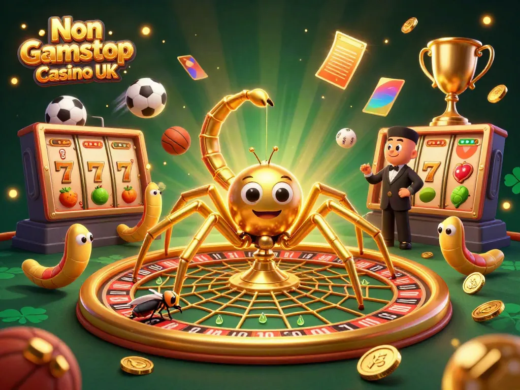 Engaging scene with a Non Gamstop Casino UK theme, featuring a golden spider and centipede croupier in a lively casino setting.
