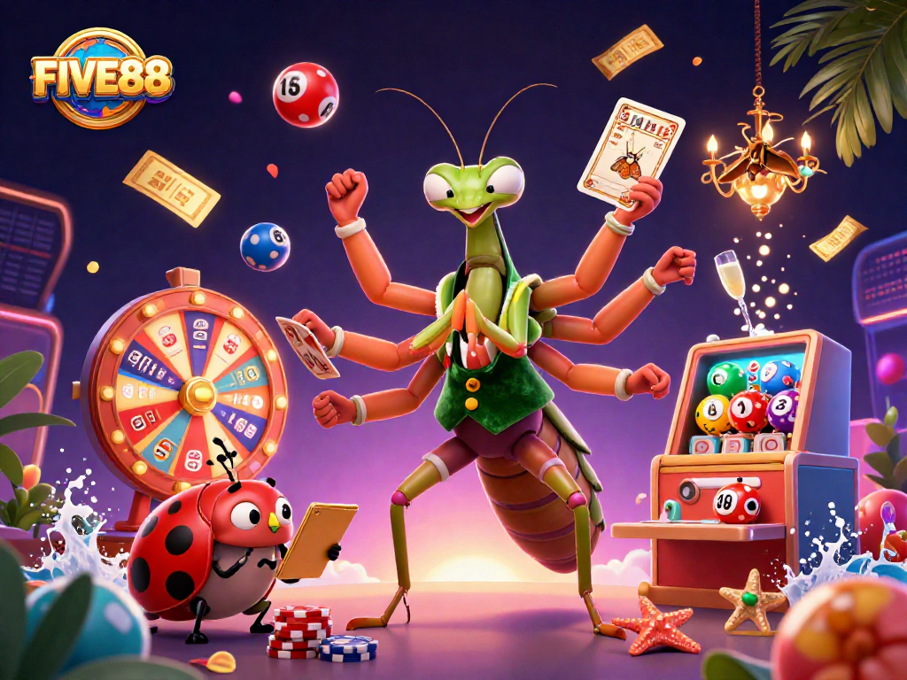 Experience exciting gameplay at FIVE88 with a colorful, dynamic casino scene showcasing thrilling lottery action and vibrant characters.