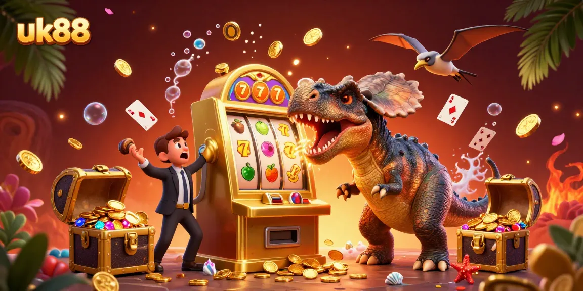 Engage in thrilling winnings at uk88 with a colorful 3D scene featuring a dinosaur and casino elements.