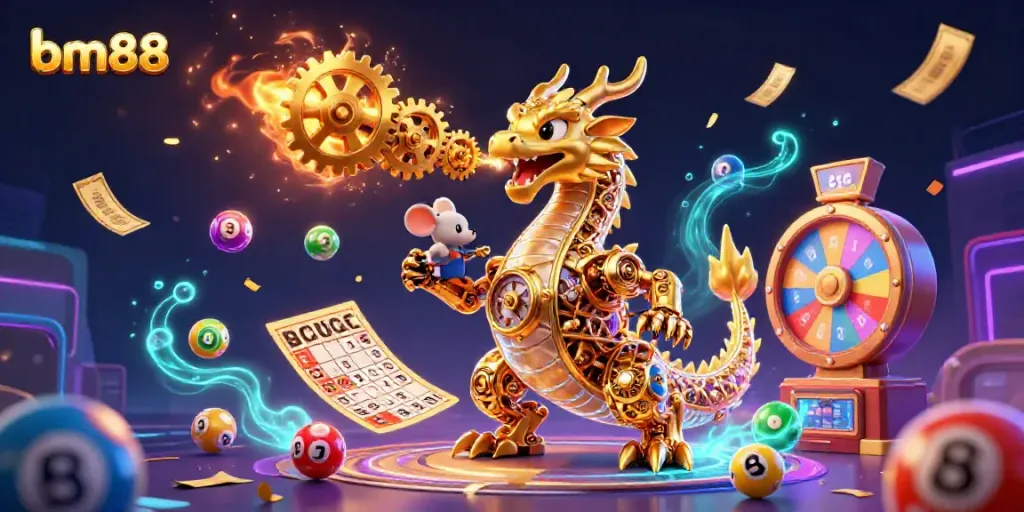 Experience dynamic gambling excitement with bm88, featuring a golden dragon and lottery elements in vivid detail.