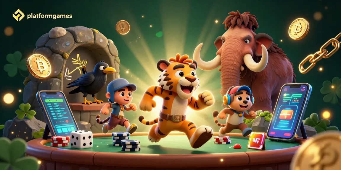 Engage with platformgames at a prehistoric casino featuring cavemen, neon crypto coins, and a busy gaming atmosphere.