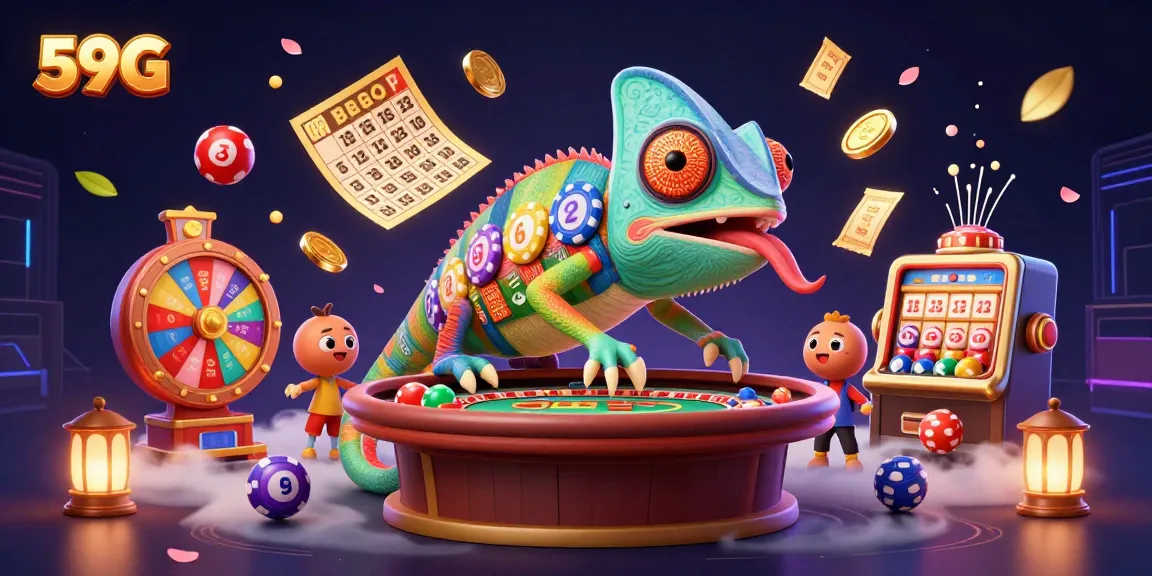 Engage with exciting gaming at 59G, featuring colorful lottery elements and dynamic chameleon casino character.