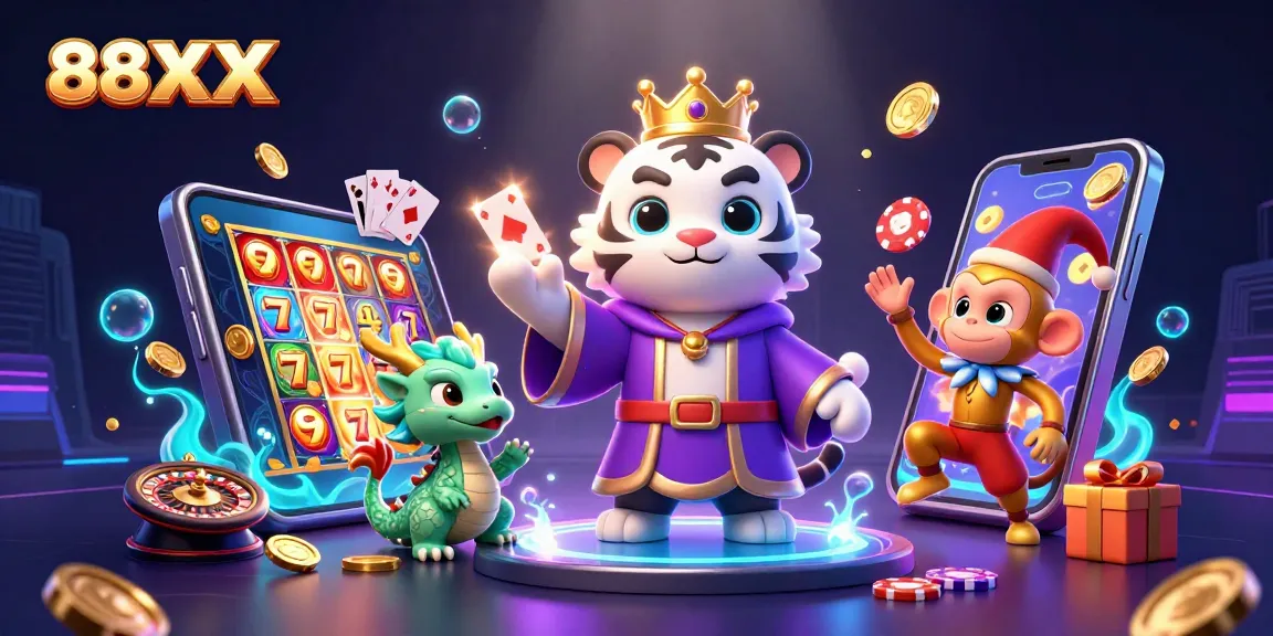 Engage with the thrilling world of 88XX, featuring vibrant characters amidst casino action.