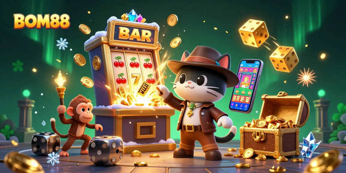 Experience thrilling wins at BOM88 with a vibrant 3D cartoon scene showcasing exciting casino action.