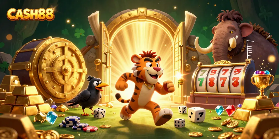 CASH88 showcases a dynamic casino scene featuring a caveman and sabertooth tiger amidst gold and jewels.