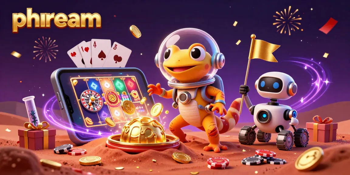 phdream highlights a cartoon Martian gecko exploring a golden casino with exciting game elements.