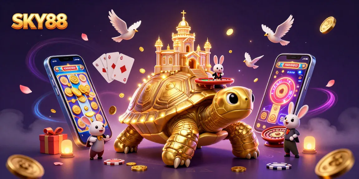 Experience thrilling casino action with SKY88 featuring a golden tortoise and dealer amidst vibrant game elements.