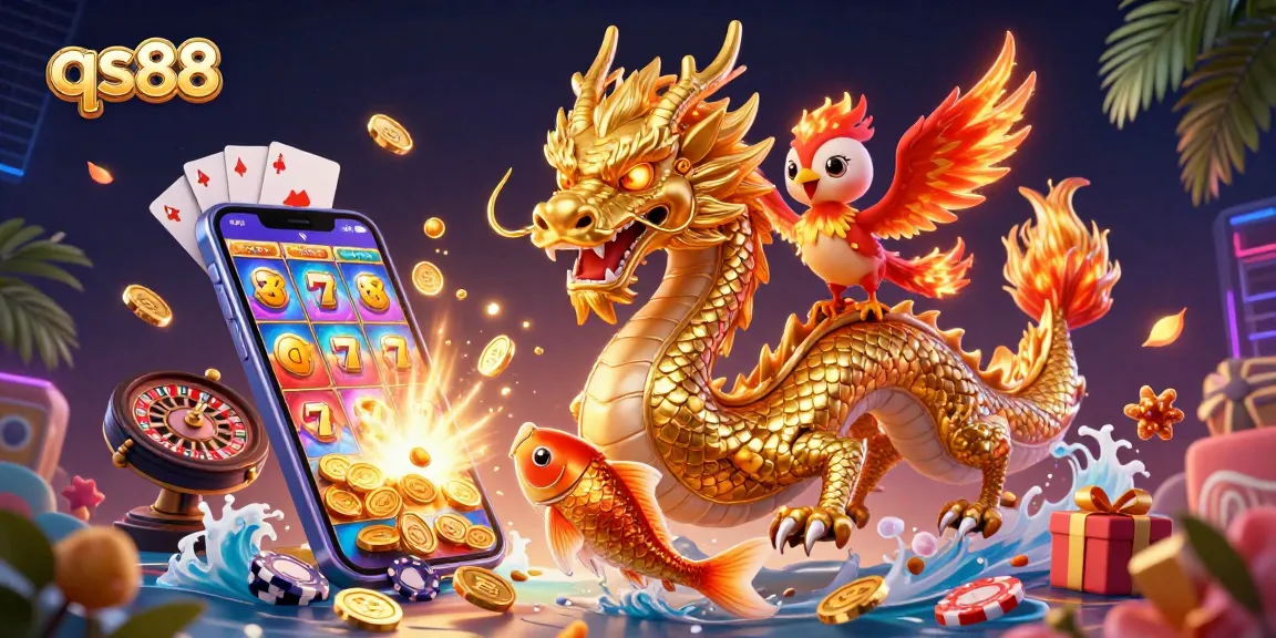 Join the epic qs88 gaming adventure with a fierce dragon and lucky koi fish amidst spinning slots and poker elements.