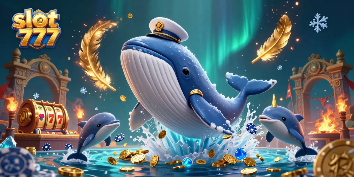 Experience vibrant slot 777 action with a whale, narwhal, and dolphins in an energetic casino scene.