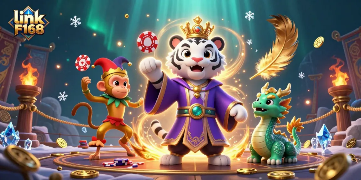 Experience the excitement of link F168 with a dynamic scene of a regal tiger and playful monkey in a casino setting.
