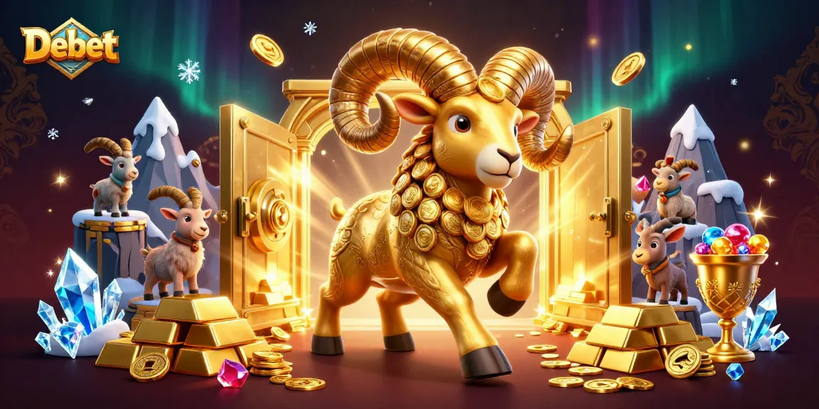 Engage with Debet casino adventures featuring a dynamic golden ram charging through a treasure vault.