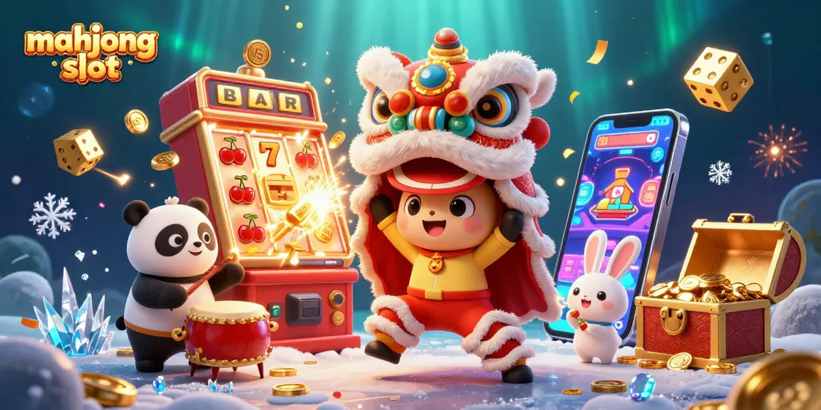 Experience Mahjong Slot excitement with this vibrant 3D illustration of festive characters.