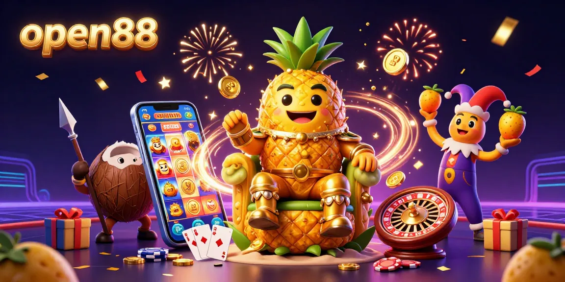Experience thrilling gaming with open88 in this vibrant illustration featuring a golden pineapple king and dynamic casino elements.